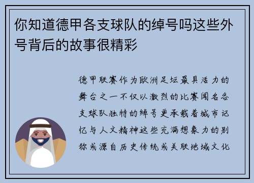 你知道德甲各支球队的绰号吗这些外号背后的故事很精彩