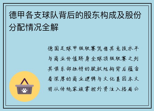 德甲各支球队背后的股东构成及股份分配情况全解