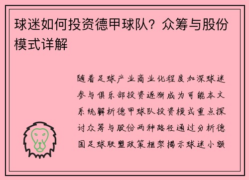 球迷如何投资德甲球队？众筹与股份模式详解